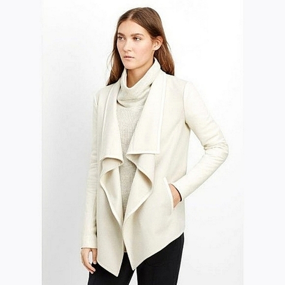 Vince Ivory White Leather Trim Wool Blend Drape Open Front Jacket - Picture 2 of 12